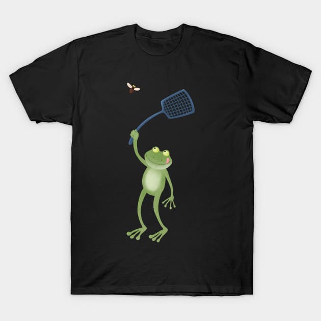 Funny green frog swatting fly cartoon T-Shirt by FrogFactory